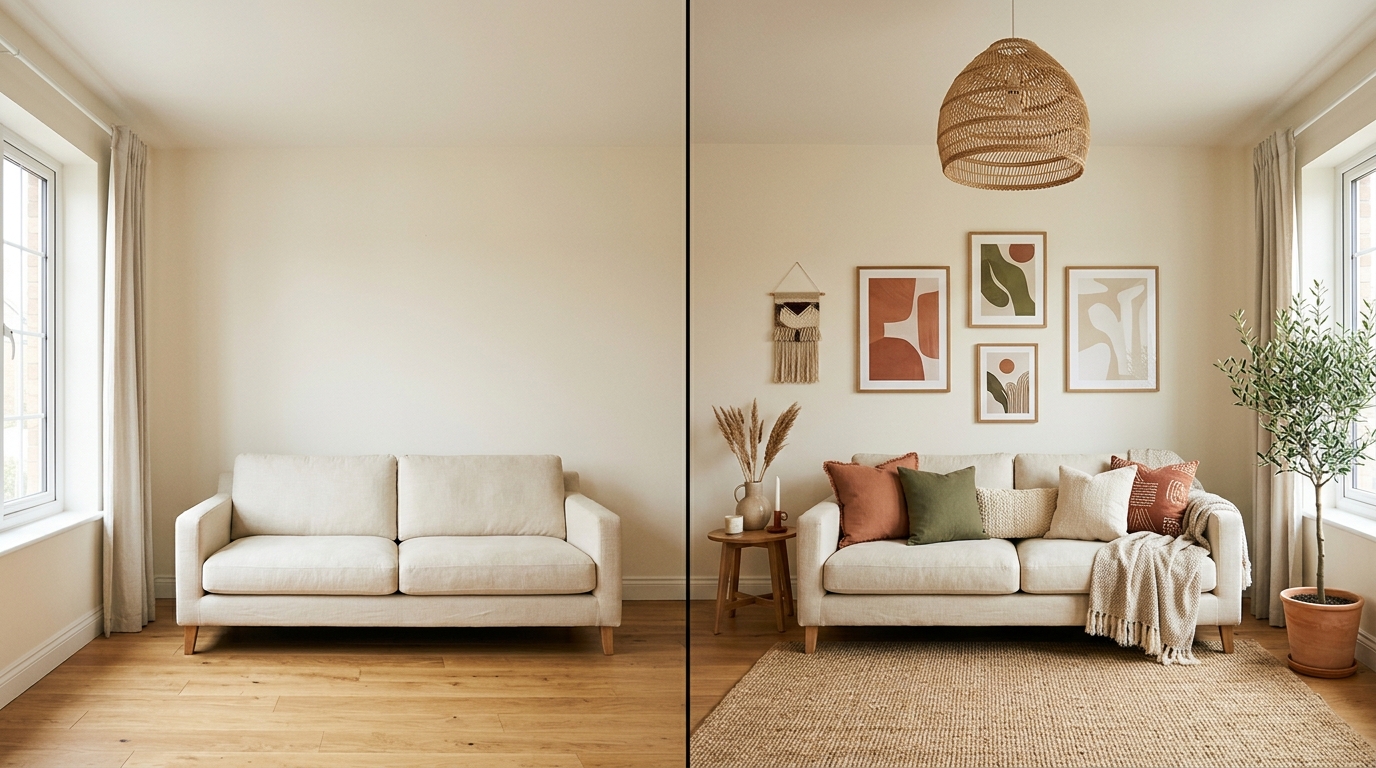 Salón antes y después de la propuesta de la decoradora