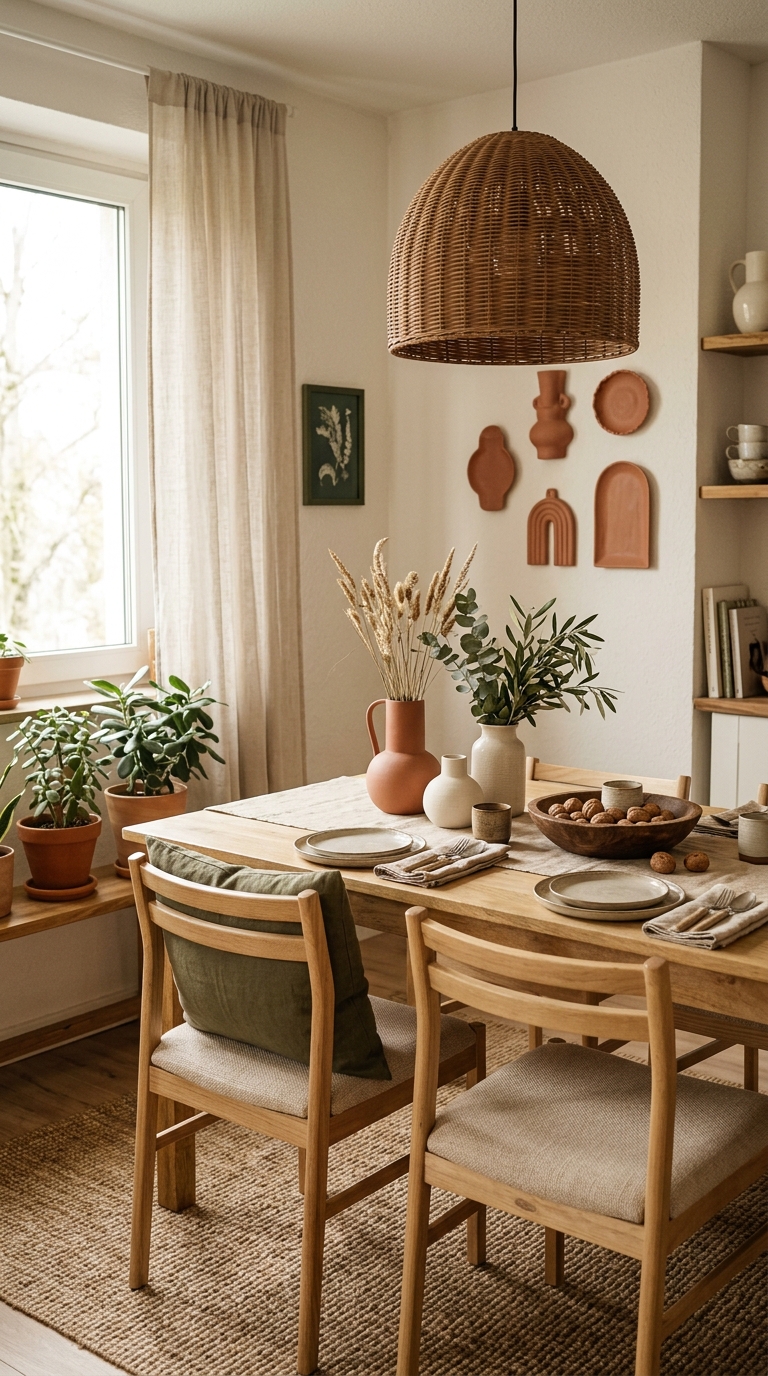 Sala decorada pela decoradora, com mesa em carvalho e cerâmicas artesanais