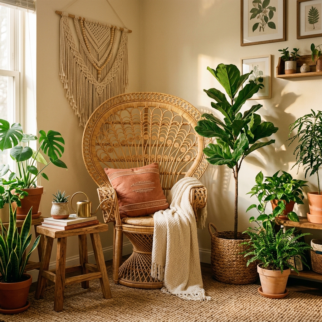 Canto boho natural com rattan, plantas e fibras