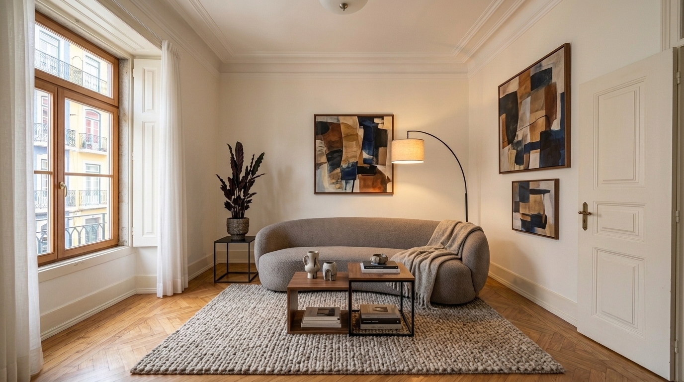 A mesma sala redecorada em estilo Contemporâneo