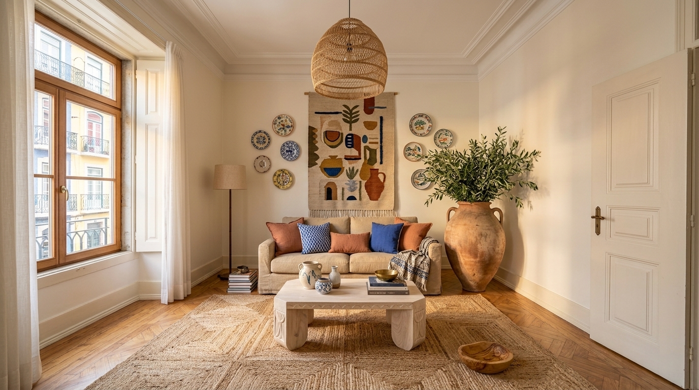 A mesma sala redecorada em estilo Mediterrâneo