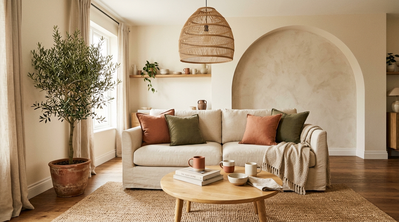 Sala com sofá creme, almofadas terracota e oliva e candeeiro de rattan